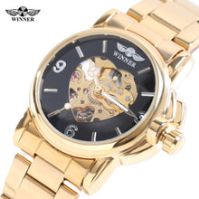 Promotional New Skeleton Watches Women Winner Steel Strap Mechanical Dress Watch Clocks Women Gold Whatch Erkek Saat Free Ship