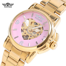 Promotional New Skeleton Watches Women Winner Steel Strap Mechanical Dress Watch Clocks Women Gold Whatch Erkek Saat Free Ship