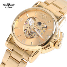 Promotional New Skeleton Watches Women Winner Steel Strap Mechanical Dress Watch Clocks Women Gold Whatch Erkek Saat Free Ship