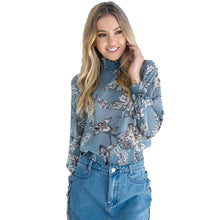 Floral Printed Women Chiffon Blouse Top Casual Long Sleeve Turtleneck Street Style Blue Shirt Women Clothing Blusas
