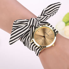Women Stripe Floral Cloth Quartz Dial Bracelet Wristwatch Watch
