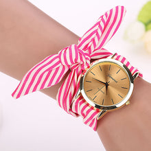 Women Stripe Floral Cloth Quartz Dial Bracelet Wristwatch Watch
