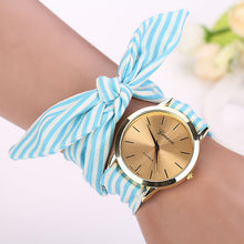 Women Stripe Floral Cloth Quartz Dial Bracelet Wristwatch Watch