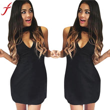Womens Black Dress Winter Halter V-Neck Sexy Sleeveless Slim Party Dresse straight Ladies Women Clothing Mini Dress#LSW